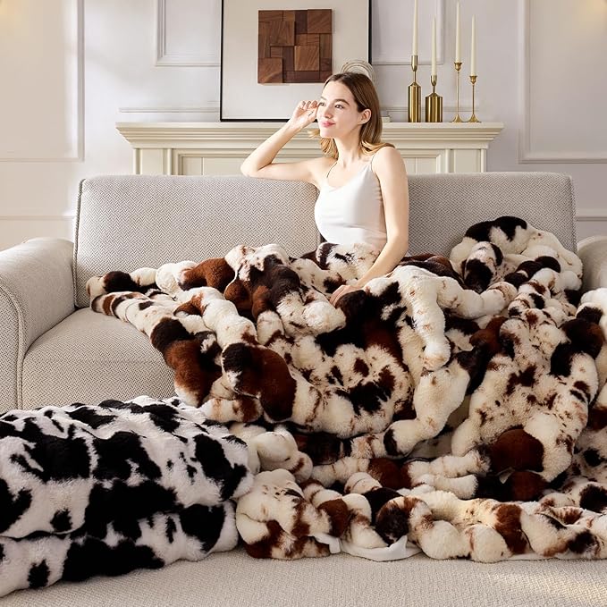 Faux Fur Throw Blanket, 1000GSM Fluffy Soft Bubble Blanket for Couch Bed, Cozy Plush Warm and Thick Blanket, Fuzzy Rabbit Throw for Living Room Bedroom 60''*80'' Cow Brown