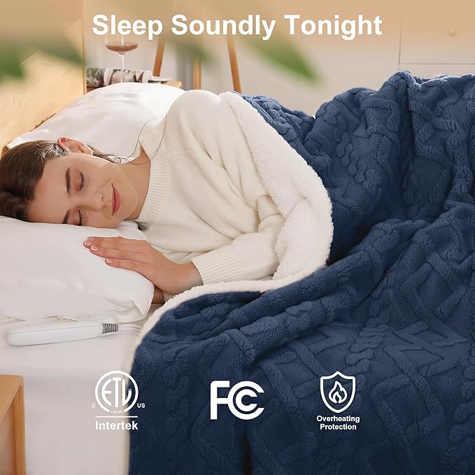 Electric Blanket King Heating Blanket 90"x100" - Dual Control Heated Blankets with Fast Heating & Over-Heat Protection, Ultra Thick 450gsm Sherpa Fleece Heated Blankets, Great Grandma Gifts(Navy Blue)