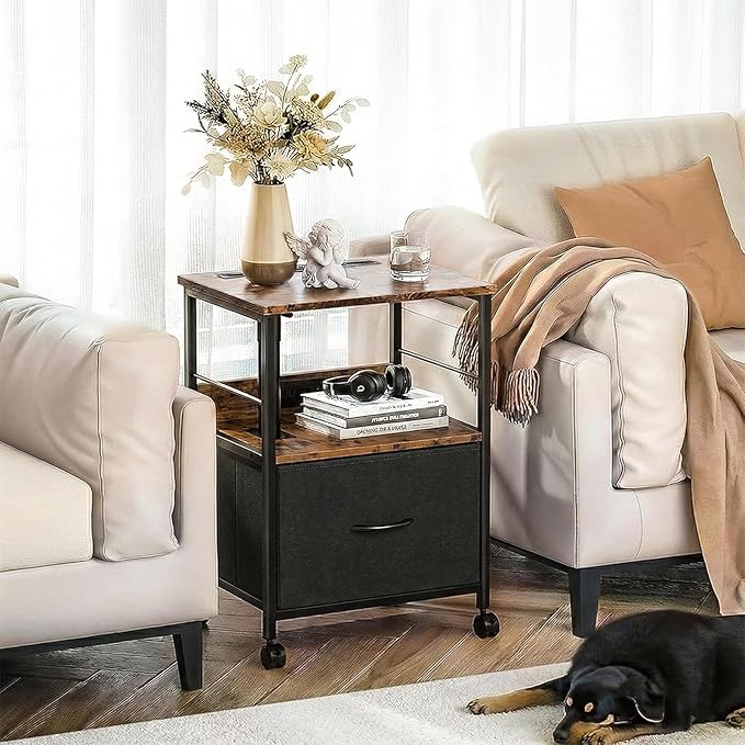 360° Swivel Nightstand with Height Adjustable, Lift Top Bedside Table with Charging Station, Rolling Night Stand with Fabric Drawer, End Table with Wheels, for Bedroom, Living Room, Brown Black