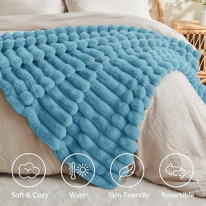 BEDELITE Faux Rabbit Fur Blanket, Luxurious 3D Striped Spring Blanket for Decor & Gift, Soft and Warm Plush Fluffy Faux Fur Throw Blanket All Seasons Suitable, (Light Blue, 60"x 80")