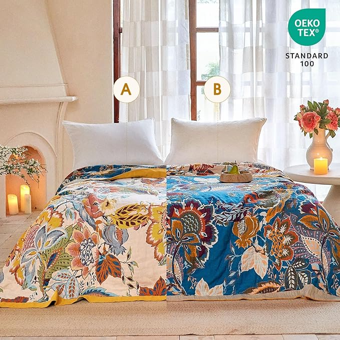 Boho Throw Blanket - 90"x108" 100% Cotton Ultra Soft Lightweight Spring Blanket, 4-Layer Breathable Muslin Blankets for Bed Couch, Reversible Green Floral Butterfly Printed Bohemian Quilt