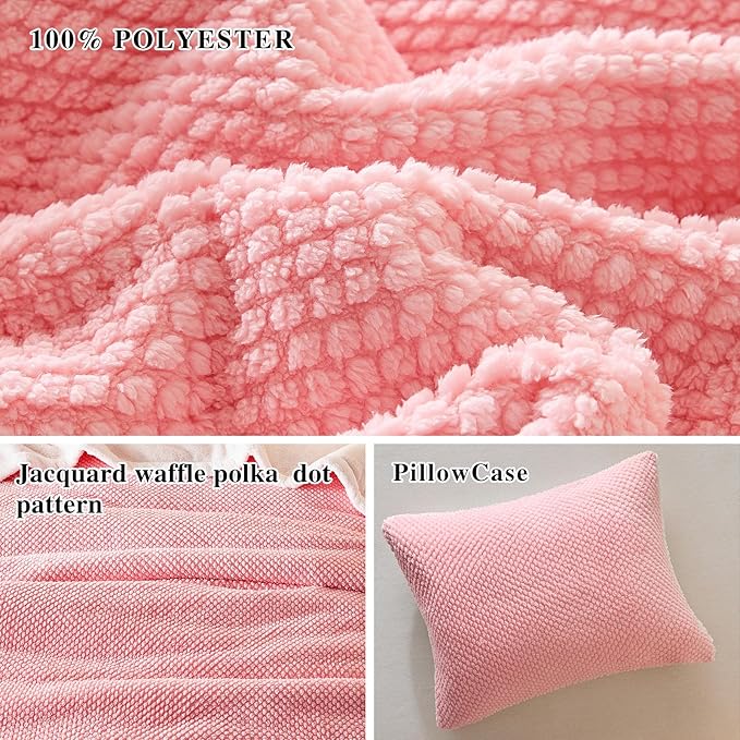 Luxury Flannel Fleece Sherpa Blankets Twin Size for Bed, Jacquard Boho 3-Layer Thick and Warm Blanket for Winter, Soft Cozy Fuzzy Plush Velvet Blanket with 2 Pillow Cases, Pink, 68x86 Inches