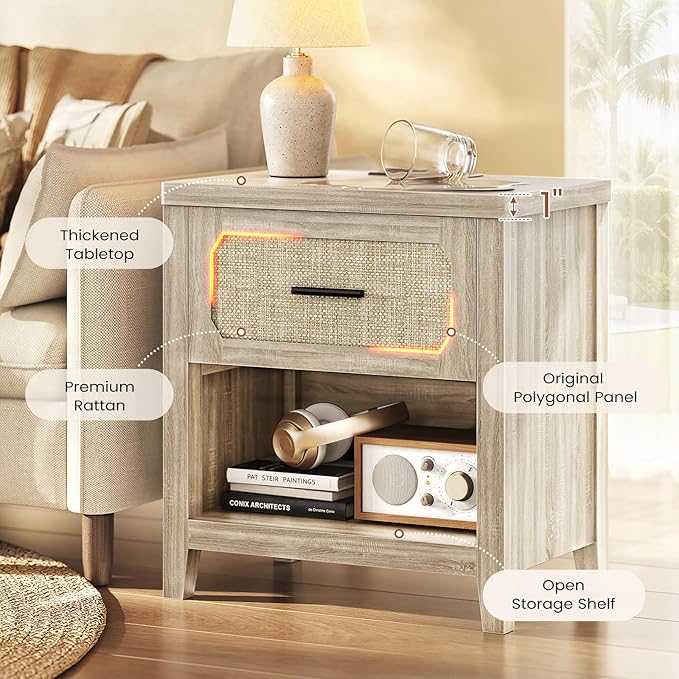Rattan Nightstand with Charging Station, 22'' Wide Bedside Table with Drawer & Open Shelf, Boho Night Stand End Side Table with Storage for Bedroom, Grey Oak