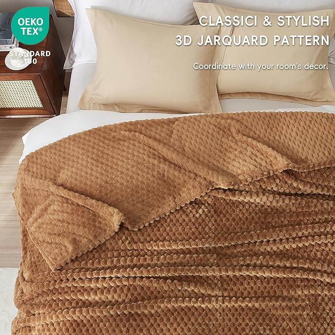 PHF Ultra Soft Flannel Fleece Blanket Twin Size, Lightweight 3D Jacquard Blanket, No Shedding, No Pilling, Luxury 340GSM Aesthetic Fluffy Cozy Bedding for Bed Room Decor, 66"x90", Brown Sugar/Toast