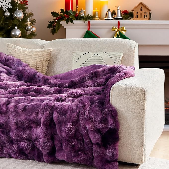 Lotus Karen Faux Fur Throw Blanket Tie-dye Violet - Big Bubble Rabbit Fluff Blanket for Couch Bed Sofa,Softest Fluffy Fuzzy Cozy Blanket,Thick Furry Plush Shaggy Warm Blankets for Women,50x60 Inches