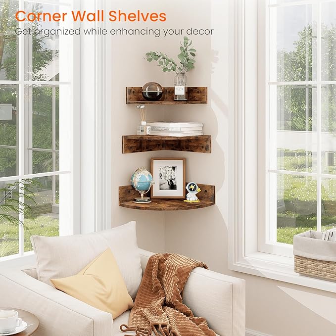 Homode Corner Shelf Wall Mount, Set of 3 Floating Corner Shelves with Cord Hole, 3 Tier Wood Wall Display Shelf, Storage for Bathroom Living Room Kitchen Bedroom, Rustic Brown and Black