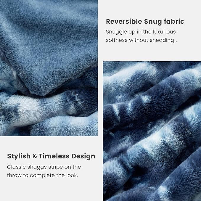 Cozy Bliss Deluxe Striped Rabbit Faux Fur Throw Blanket, Soft Fluffy Warm Plush Blanket for Winter, Modern Homr Decor, Tie-dye Blue 60"x80"