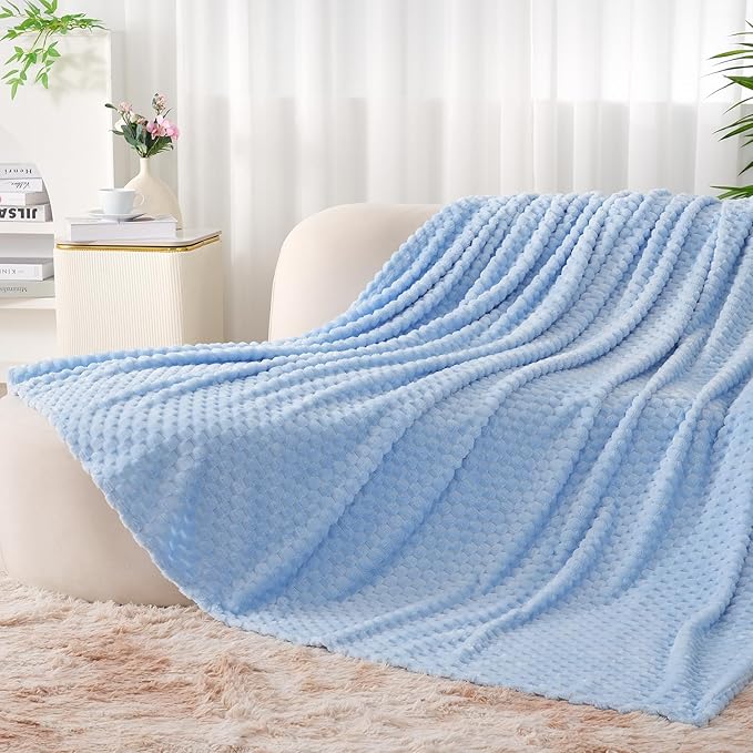 Zyrah Blue Fleece Twin for Couch Super Soft Twin Blanket 3D Imitation Turtle Shell Jacquard Decorative Cozy Blankets for Sofa Chair Bed 60x80 Inches