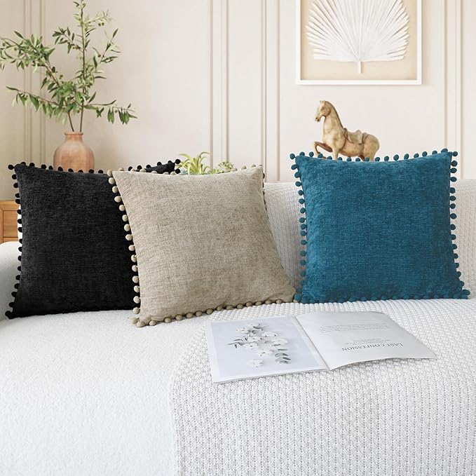 CaliTime Throw Pillow Covers Decorative 22 X 22 Inches Pack of 2 Cozy Solid Dyed Soft Chenille Cushion Cases with Pom Poms for Couch Sofa Bed Living Room Home Black