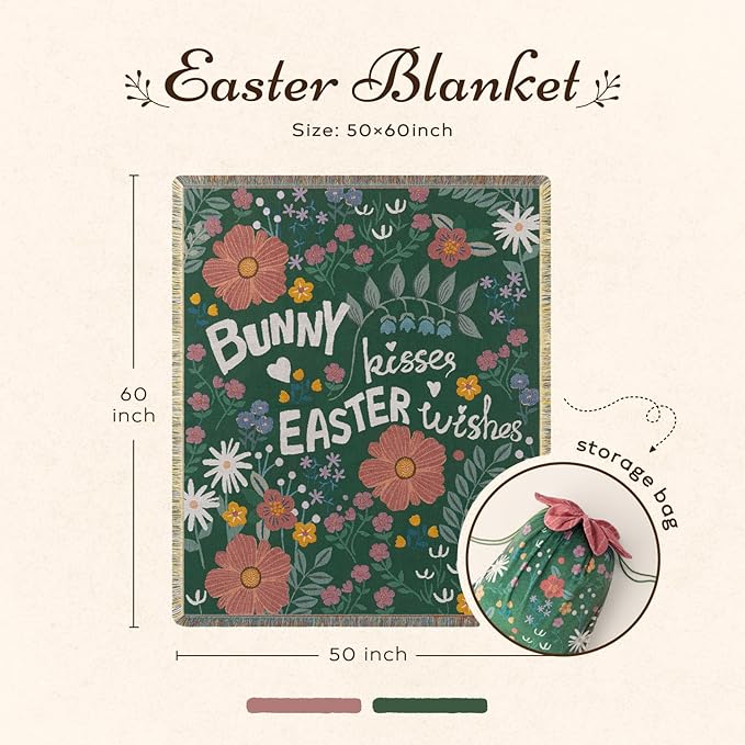 Ashler Easter Throw Blanket, Bed Tassel Blanket with Velvet Bag, Soft Breathable Blankets with Easter Flower and Letters Pattern for Couch Sofa Living Room Bedroom Decor, Deep Green, 50 x 60 Inches