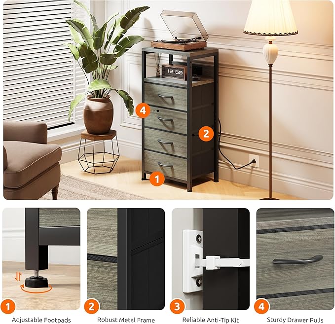 NightStand Bedside Charging Table Bedroom - Night Stand with Charger Station, Modern Nightstand with Open Shelf & 4 Fabric Drawers, End Table with USB-C USB Ports & AC Outlets for Dorm, Grey