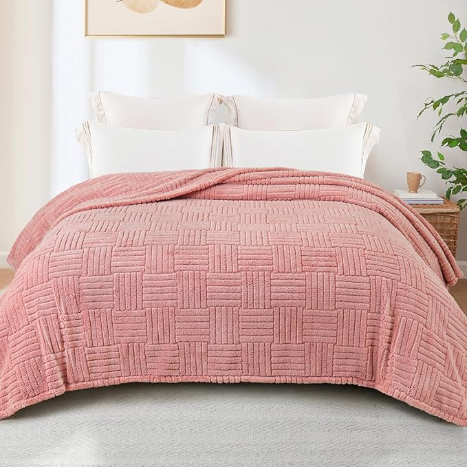 Whale Flotilla Lightweight Fleece Queen Size Blanket for Bed, Fuzzy Soft Blankets with Decorative Jacquard Pattern for All Season, Warm and Fluffy, 90x90 Inch, Pink