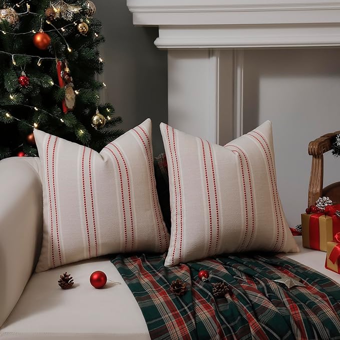 Hckot Christmas Throw Pillow Covers 16x16 Set of 2 Red Pillow Covers Textured Linen Decorative Pillows Square Cushion Covers for Sofa Couch Bed Living Room Farmhouse Decor(Red)