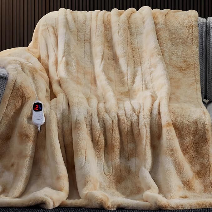 Guohaoi Heated Blanket Electric Throw, Soft Faux Rabbit Fur Electric Blanket with 10 Heating Levels 5 Sitting Timer Auto Off, Cozy Warm Heating Blankets, Machine Washable(62"×84" Beige)