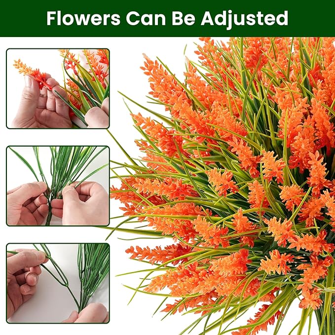 20 Bundles Artificial Plants Outdoor, UV Resistant Fake Flowers, Realistic Faux Lavender Shrubs for Porch Garden Window Box Home Decoration (Orange)