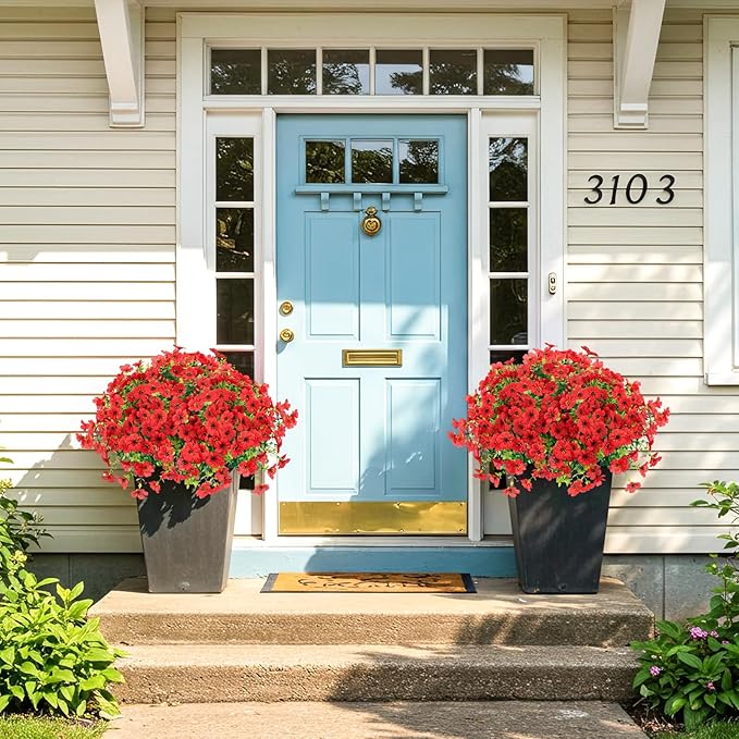 Artificial Flowers Outdoor Faux Plants UV Resistant Fake Patio Flowers Plastic Greenery Plnats Outside Bulk for Spring Garden Hanging Planter Home Vase Decor, 12 Bundles (Red)