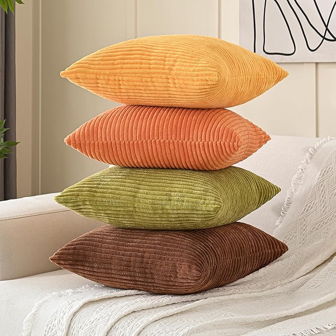 Volcanics Set of 4 Fall Orange Corduroy Decorative Throw Pillow Covers 20x20 Inch, Modern Yellow Green Gradient Couch Pillow Covers, Rustic Western Striped Cushion Covers for Bed Sofa Living Room