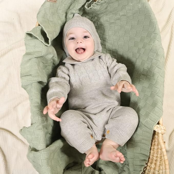 LAWKUL Baby Blankets for Boys Cable Knitted Baby Blanket Girl Soft Newborn Receiving Swaddle Stroller Crib Sage Green 40"x30"