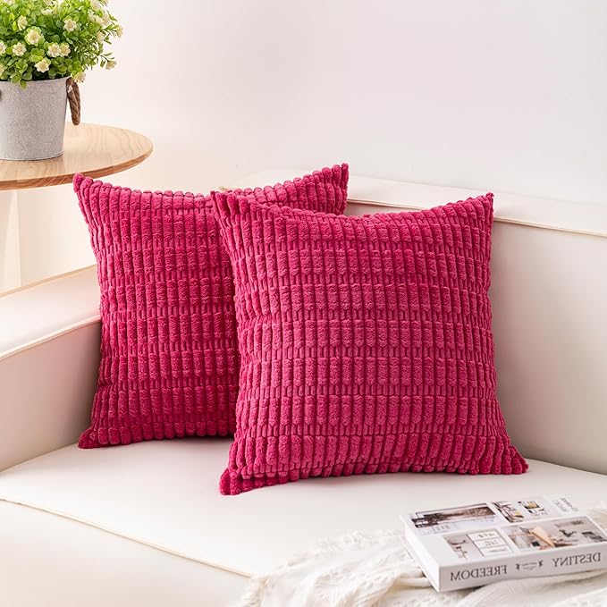 Aegero Pack of 2 Corduroy Decorative Throw Pillow Covers 24x24 Inch Soft Striped Pillow Covers Modern Farmhouse Home Decor for Sofa Living Room Couch Bed（Rose Red）