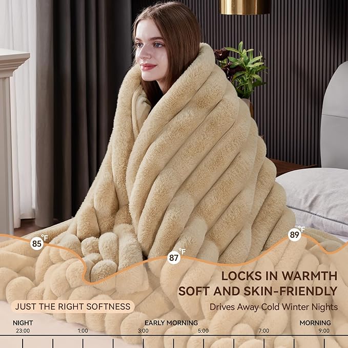 Fluffy Faux Fur Throw Blanket, Thick 1000GSM Soft Cozy Throw Blankets for Bed, Luxury Plush Striped Warm Fuzzy Blanket for Couch LivingRoom Home Decor & Gifts(60"x 80", Beige)