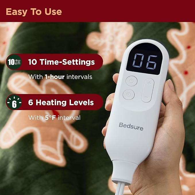 Bedsure Electric Blanket Twin - Soft Flannel Sherpa Heated Blanket with Gingerbread Pattern, for Grandma, Heating with 6 Heating Levels, 10 Time Settings, and 8-Hour Auto-Off (62"x84")