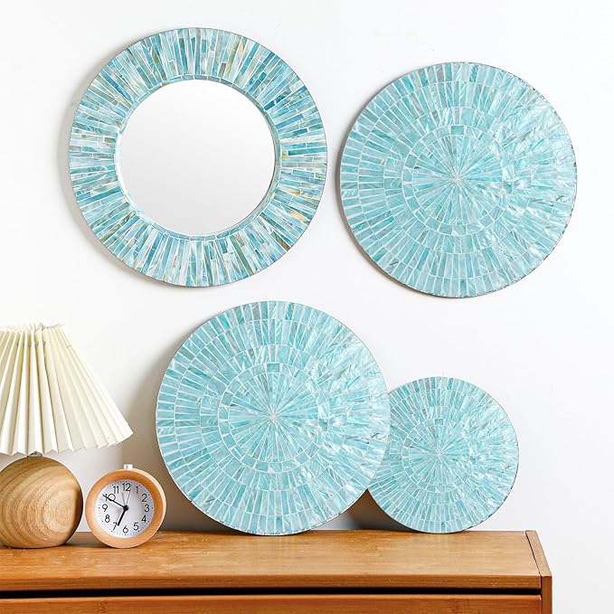 Wesiti 5 Pcs Gifts Natural Mother of Pearl Mirror Wall Decor Christmas Housewarming Gift Handmade Coastal Wall Plates Art Hanging Art for Bedroom Bathroom Decoration