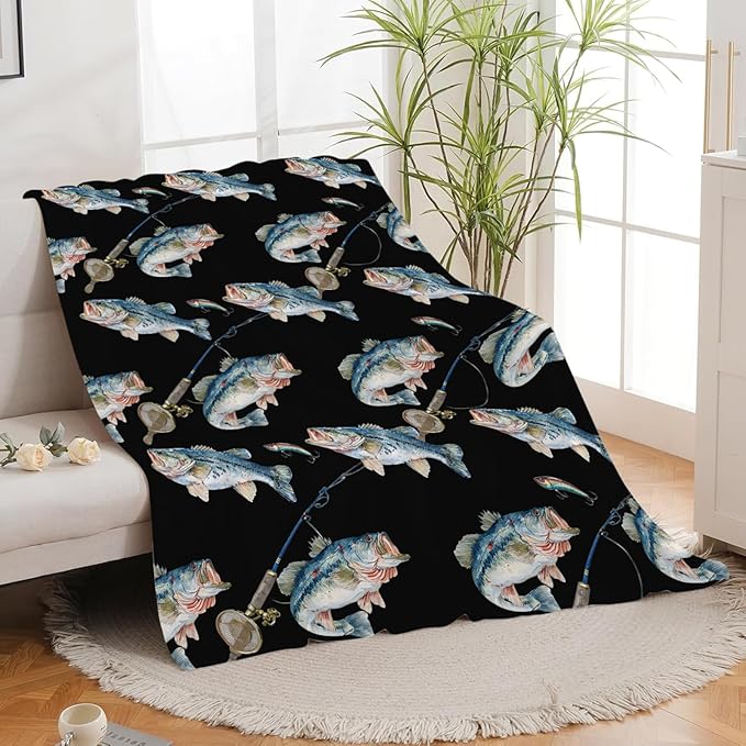 Bass Fish Blanket for Girls Women Boys Men Adults Kids Soft Cozy Fleece Fishing Throw Blankets Fisherman Gifts Warm Flannel Plush Lightweight Decor for Couch Bed Sofa 50"X40"