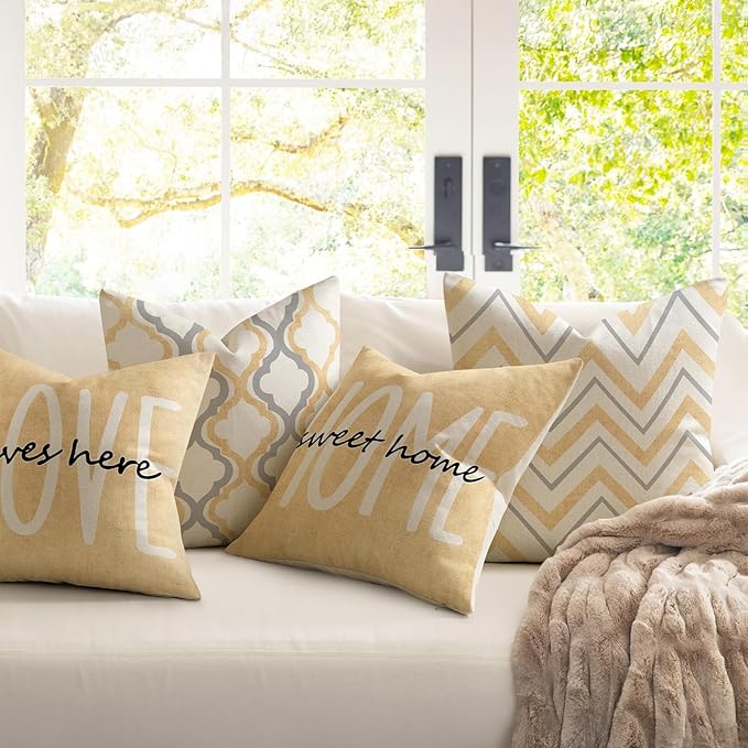 YCOLL Farmhouse Pillow Covers 18x18 Set of 4 Throw Pillow Covers Rustic Linen Decorative Pillows Square Cushion Covers for Couch Sofa Bedroom Home Decor