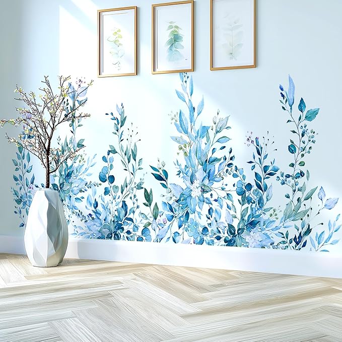 Blue Plants Leaves Wall Decals Peel and Stick, Large Floral Flowers Vinyl Wall Stickers, Removable Vine Home Decor Art for Bedroom Living Room Classroom Office