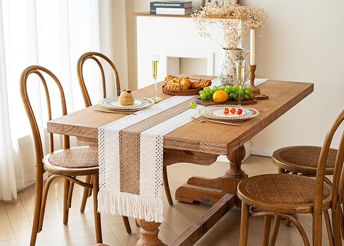 FEXIA Boho Table Runner for Fall Home Decor with Tassels 72 Inches Long Farmhouse Rustic Table Runner Macrame Burlap Table Decoration for Living Room Bridal Shower(12x72 Inches)