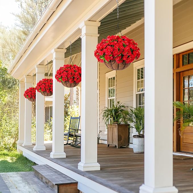 Artificial Hanging Flower Plants with Basket for Outdoor Decoration, Faux Petunias Flowers Fake Morning Glory Plants for Hanging Outside Patio Garden Porch Balcony Yard Spring Decor(Red)