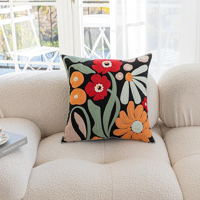 YIcabinet Pack of 2 Throw Pillow Covers,Colorful Flowers Embroidered Pillow Case Soft Decorative Pillowcases for Home Sofa Couch 18x18 Inch