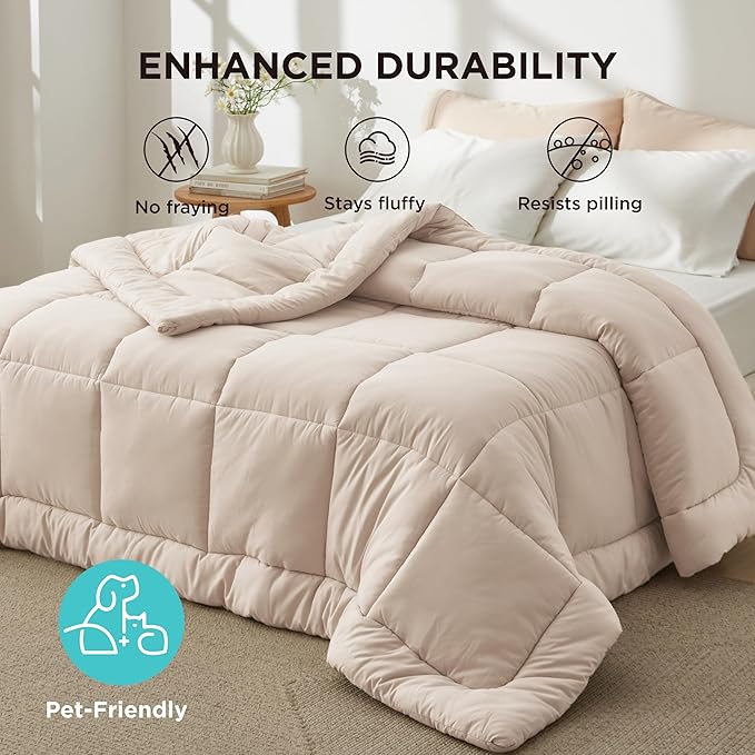 Bedsure Comforter Duvet Insert - Quilted Comforters Queen Plus Size, All Season Duvet, GentleSoft Down Alternative Bedding Blanket, with 8 Tabs, Gifts for Women/Men,Beige,Queen Plus 90 x 90 Inches