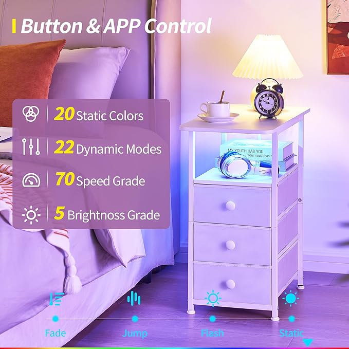 Narrow End Table with Charging Station, Narrow Side Table with 3 Fabric Drawers, Slim Nightstand with LED Light, Small Table with Storage, Living Room, Bedroom, White HKET1303WT