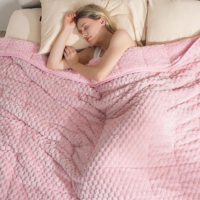 Super Fuzzy Soft Fleece Sherpa Weighted Blanket 15 lbs for Adults, 3D Imitation Turtle Shell Luxury Weighted Throw for Better Sleep, Dual Sided Cozy Heavy Blankets for Couch Bed, Pink, 48" x 72"