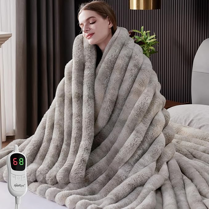 Heated Throw Blanket, Faux Fur Cozy Heating Blanket with Overheat Protection, 1/2/4/6/8 Hours Auto-Off 10 Heat Level, Machine Washable (72x84 I Inches, Tie-Dye Light Grey)