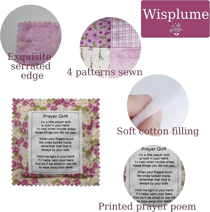 Mini Prayer Quilt with Cross Inside Vintage Pocket Scripture Prayer Quilt Squares Sympathy Christian Gifts for Women Pastor Appreciation Father's Day Graduates Gifts (Purple)