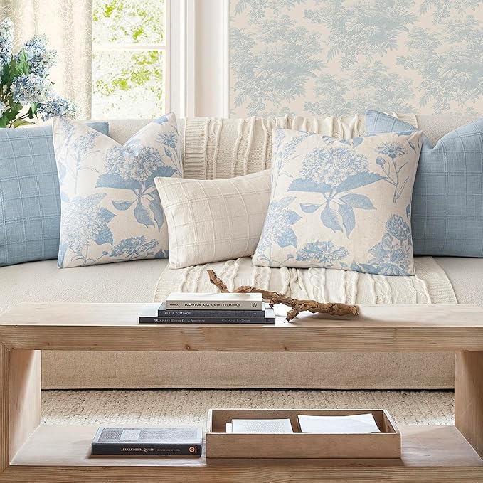 Foindtower Set of 2 Linen Floral Vintage Throw Pillow Covers Neutral Accent Decorative Cozy Cushion Covers Farmhouse Boho Home Decor for Sofa Chair Couch Bedroom Living Room,24×24 Inch,Sky Blue