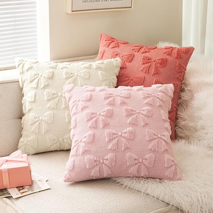 MIULEE Light Pink Bow Pillow Covers Coquette Room Decor Aesthetic Set of 2 Spring Decorative Cute Girl Soft Plush Faux Pillowcase for Preppy Room Decor Bedroom Couch,16x16 Inch