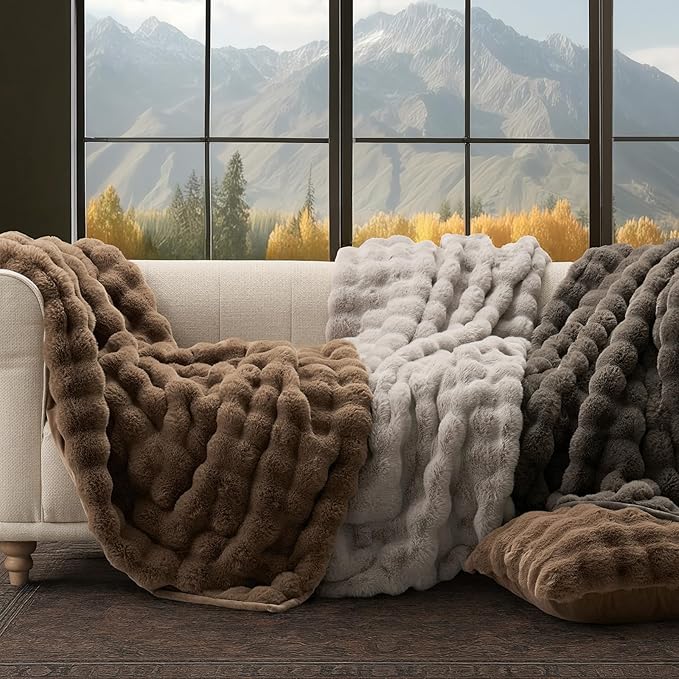 EverGrace Ultra Soft Luxury Fluffy Faux Rabbit Fur Throw Blanket, Thick Warm Bubble Throw for Bed, Cozy Plush Reversible Blankets for Couch, Chair, Sofa, Natural Tan, 50x60 Inches