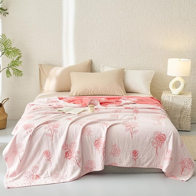 Scientific Sleep Rose Pink White Flower 100% Cotton Muslin Blanket Throw Cover for Bed Couch Sofa Cozy Soft Reversible Bedding Blanket Bedspread Coverlet Twin 60 in x 80 in