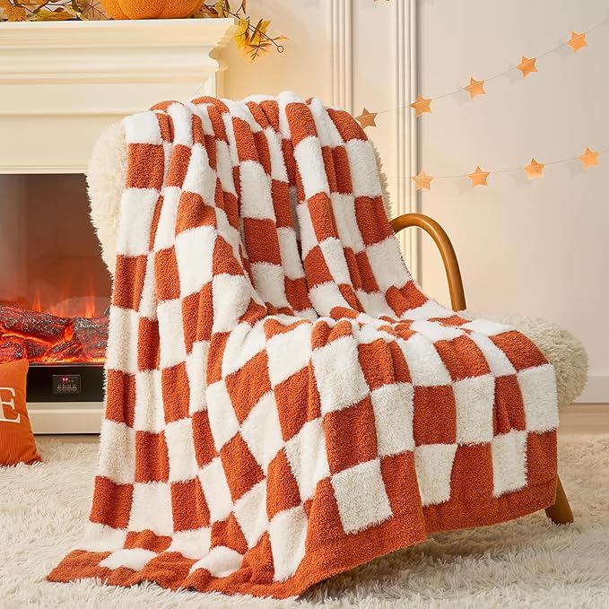 Snuggle Sac Orange Throw Blanket for Fall,Soft Twin Size Fall Checkered Blanket for Couch, Cozy Faux Fur Knit Microfiber Blankets for Sofa, Bed, Orange Checker,60x80 inches