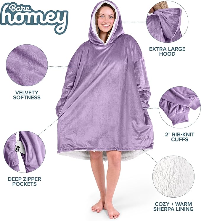Bare Home Wearable Blanket Hoodie - Soft Plush Sherpa - Warm and Cozy - Oversized Wearable Blanket - Adult & Kid Sizes
