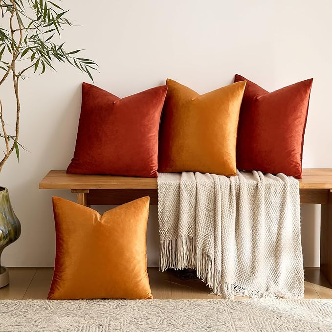 GIGIZAZA Decorative Velvet Pillow Covers - 20x20 Throw Pillows Soft Burnt Orange Covers Accent for Couch Living Room Bed Square Modern Luxury Cushion Covers Home Decor Set of 4