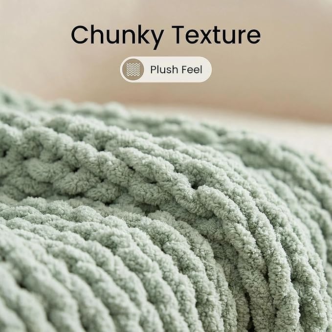 Amélie Home Chunky Knit Throw Blanket for Couch, Soft Chenille Crochet Blanket, 60"x80", Sage Green
