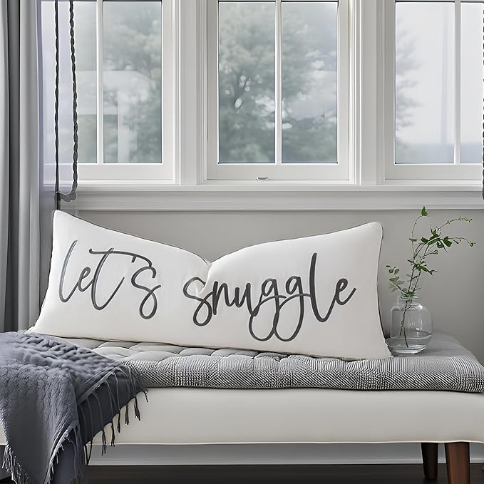 Sunkifover Let's Snuggle Decorative Lumbar Pillow Cover - 14x36 Inch White and Grey Cotton Embroidery Throw Pillowcase for Bed, Bedroom, Living Room, Home Decor