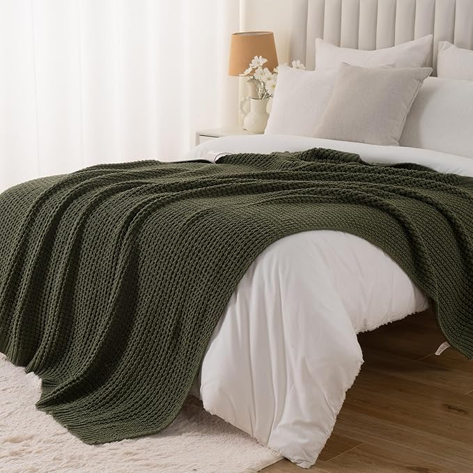 Bunnikins & Clover Olive Green Throw Blanket for Couch, Waffle Knit Blanket Throw, Super Soft Warm Dark Green Throw Blanket for Home Decor,Sofa and Living Room, 60"x80"