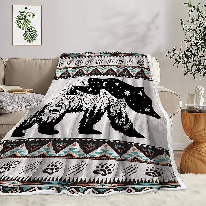 Rustic Cabin Throw Blankets, Hunting Camping Cozy Warm Bed Couch Blanket, Rustic Bear Moose Forest Vintage Western Decor Theme Fleece Flannel Throws to Decorate the Room and Bedroom 60X80IN（Grey）