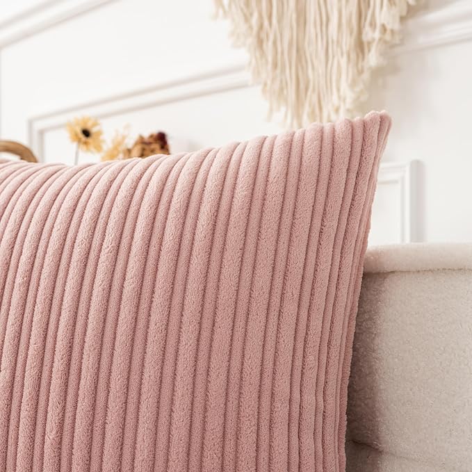 UGASA 14x24 Inch Pillow Cover Pack of 1 Valentine's Day Soft Boho Stripe Corduroy Long Rectangular Lumbar Cushion Cover Decorative Throw Pillows for Bed, Couch, Sofa, Bedroom, Living Room, Baby Pink