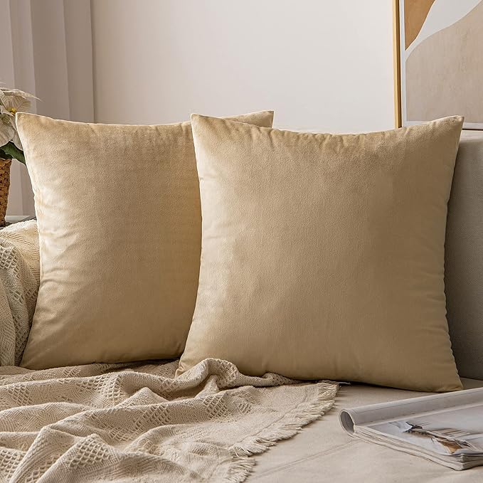 MIULEE Velvet Throw Pillow Covers 18x18 Inch, Pack of 2 -Beige, Soft Solid Decorative Pillow Covers Square Cushion Cases Farmhouse Modern Home Decor for Spring Couch Sofa Bedroom Living Room